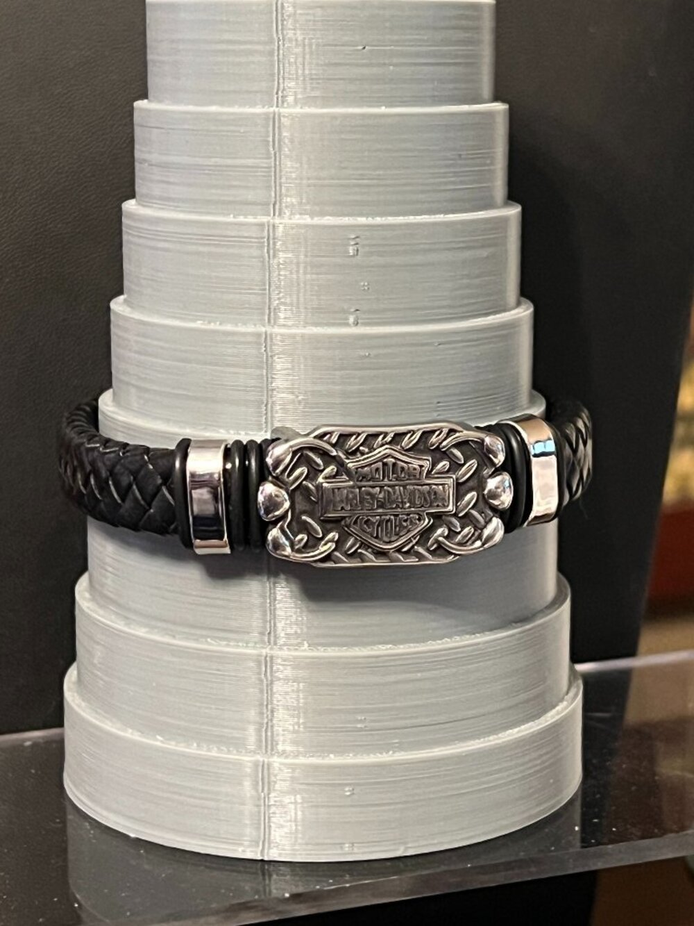 NWOT!  9” Black Corded Leather Silverplated HARLEY HD Bracelet